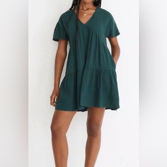 Madewell Lightspun Popover Tiered Mini Dress Green Size M - Picture 1 of 12